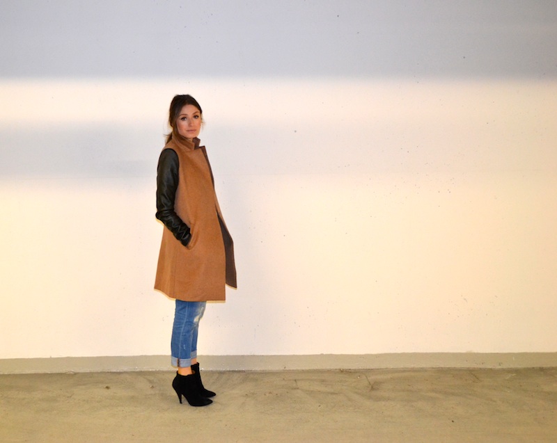 vancouver fashion and style blog; camel coat with leather sleeves, distressed jeans, striped nautical tee, suede booties, 60's feel