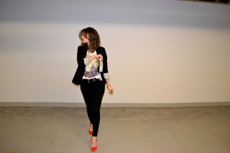 vancouver fashion and style blog: modern suit, blazer, black skinny jeans, vintage tee, bright orange pumps