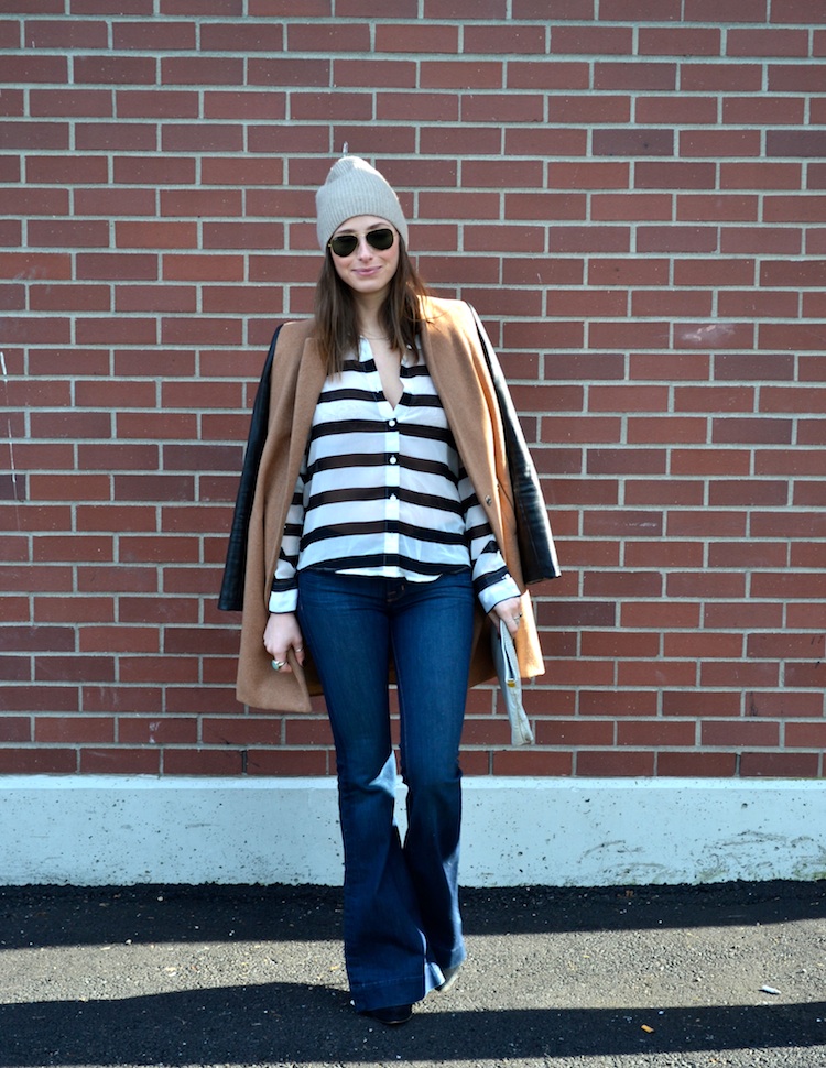 vancouver fashion and personal style blog; black & white striped blouse; flared jeans, camel and leather sleeve coat, beanie