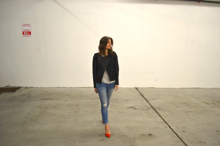 vancouver fashion and personal style blog; distressed jeans, leather and wool jacket, orange pumps; date night, casual chic