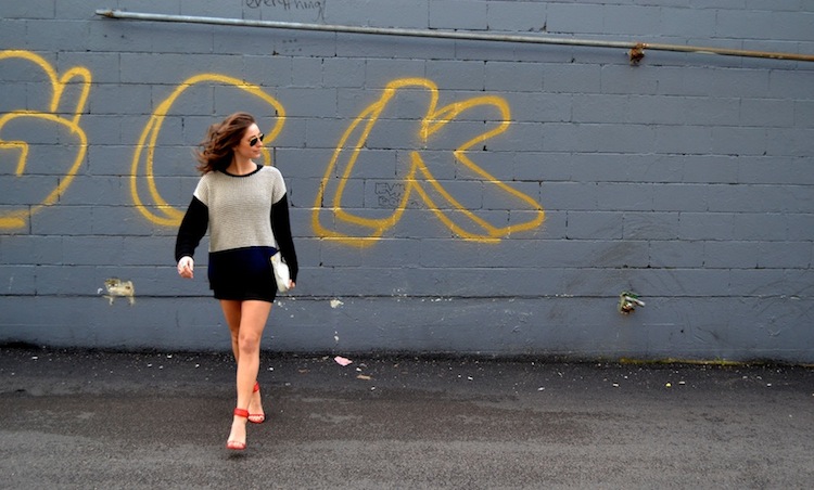 vancouver fashion and personal style blog; valentines day outfit, red ankle strap heels, colour block sweater, leather mini skirt, date night