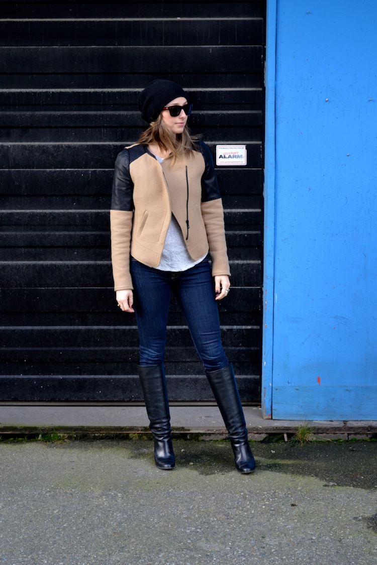 vancouver fashion and personal style blog; beanie, knee high leather boots, beige and leather moto jacket, celine sunglasses