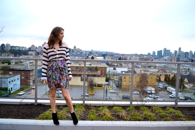 vancouver fashion and personal style blog; striped blouse, floral skirt, suede booties; chic, fashion forward workwear 