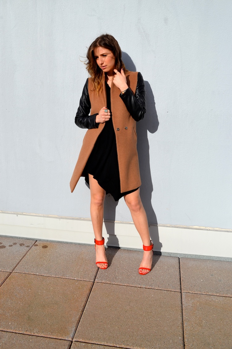 vancouver fashion and personal style blog; going out outfit, camel and black coat; alexander wang black knit dress, red ankle strap heels; fancy date night