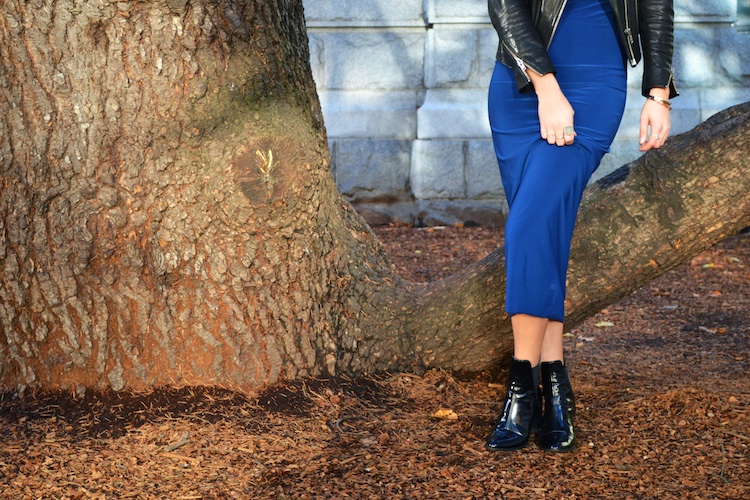 bazzul bodycon dress, toronto designer, hm leather jacket, zara patent booties, casual chic, everyday look, celine glasses, dylanium knit hat2