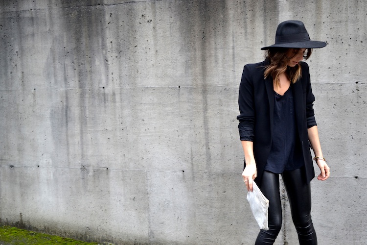 black blazer mango, leather pants, booties, all black, felt fedora, editor style chic