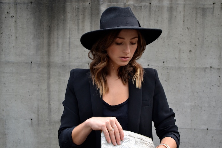 black blazer mango, leather pants, booties, all black, felt fedora, editor style chic1