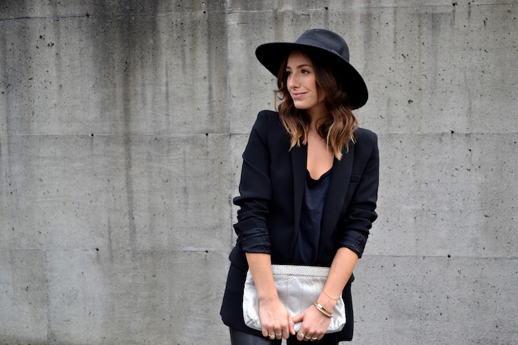 black blazer mango, leather pants, booties, all black, felt fedora, editor style chic2