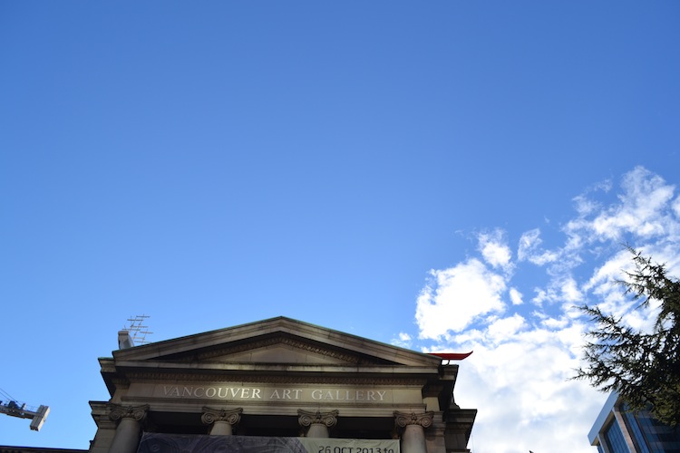 blue bodycon dress, bazzul, zara strappy heels, hat, grey sweater, shoppalu, vancouver art gallery, skyline