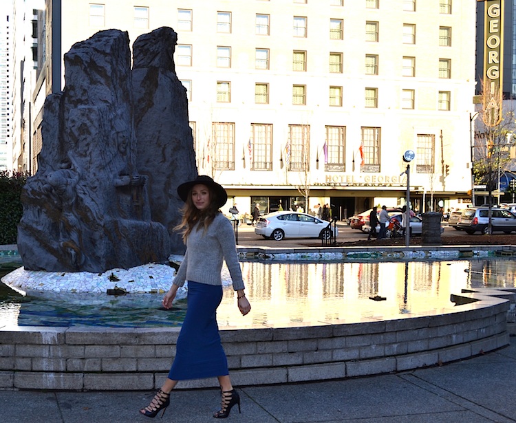 blue bodycon dress, bazzul, zara strappy heels, hat, grey sweater, shoppalu2