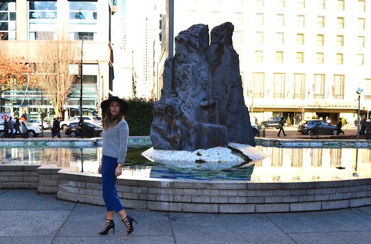 blue bodycon dress, bazzul, zara strappy heels, hat, grey sweater, shoppalu4