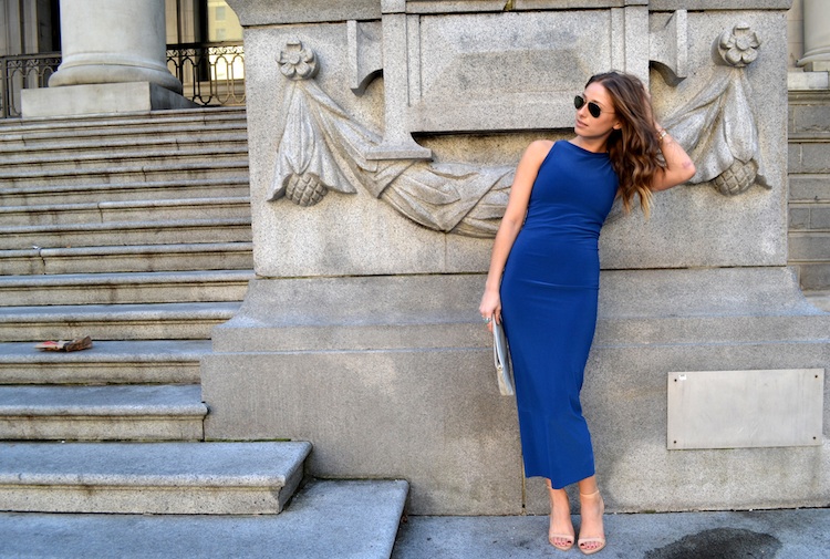 bodycon dress, blue bazzul, shoppalu, nude sandal heels, ray ban sunglasses