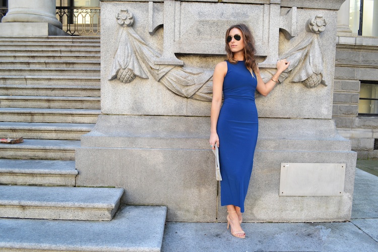 bodycon dress, blue bazzul, shoppalu, nude sandal heels, ray ban sunglasses2