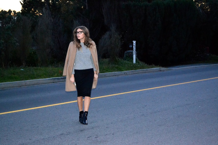 camel coat, LBD, sweater, booties, winter layering, casual chic2