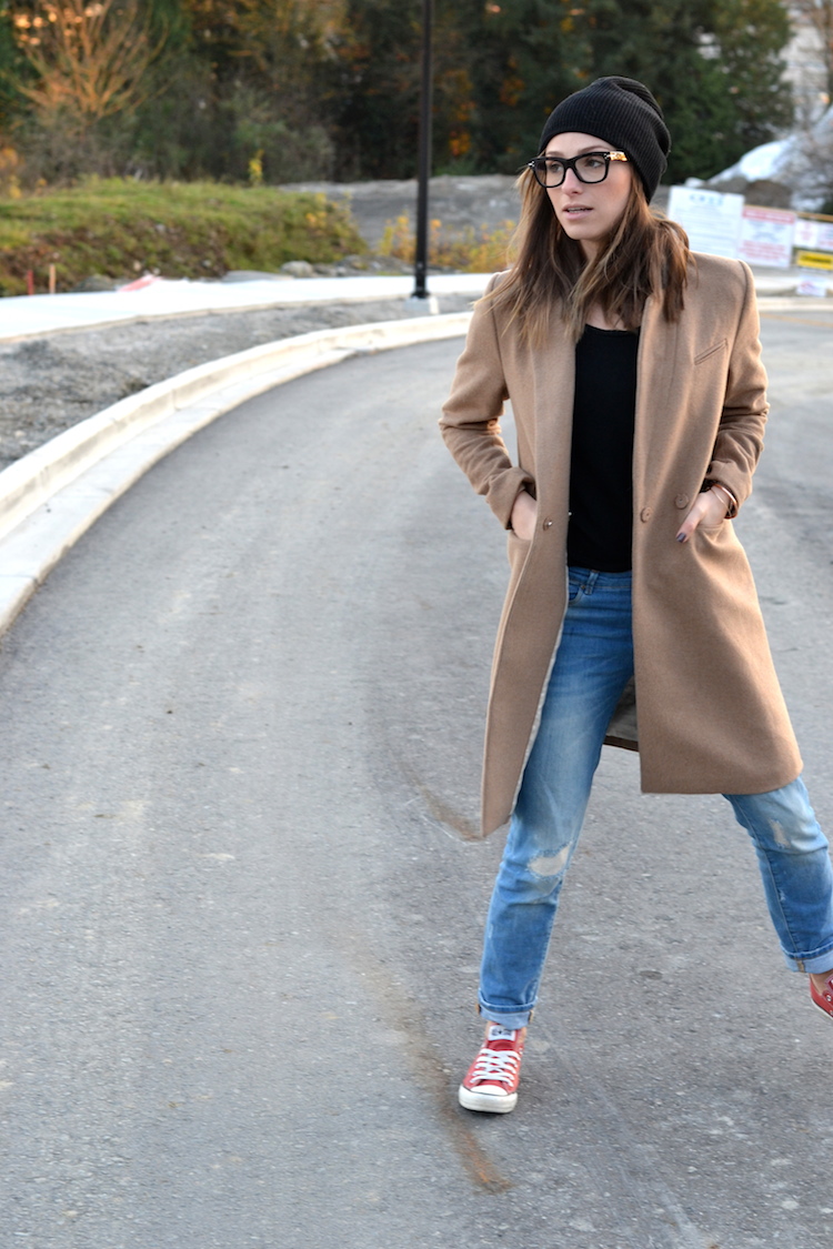 camel coat, fall fashion must have, black beanie, red converse, distressed denim, celine glasses, casual weekend outfit1