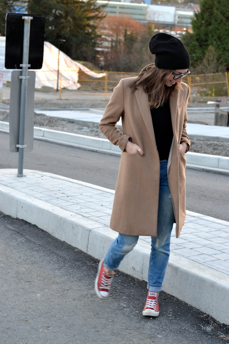 camel coat, fall fashion must have, black beanie, red converse, distressed denim, celine glasses, casual weekend outfit2