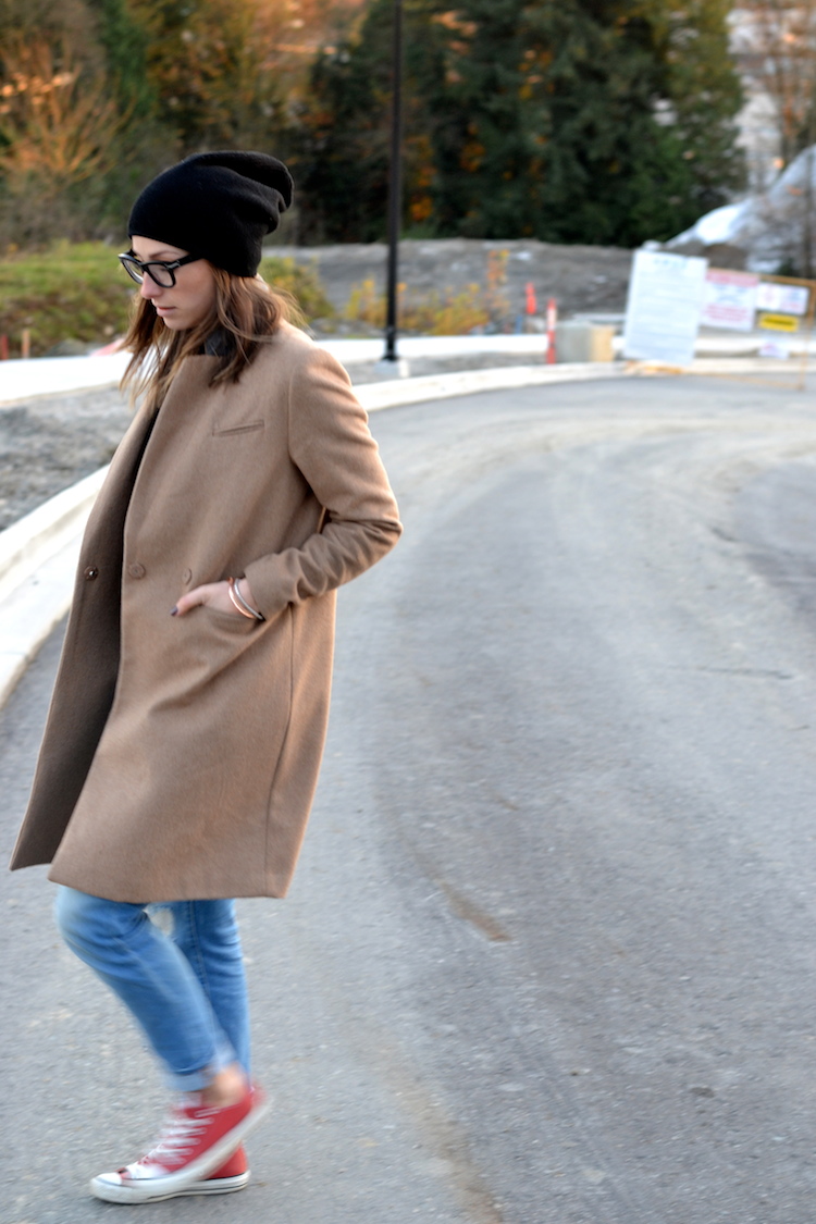 camel coat, fall fashion must have, black beanie, red converse, distressed denim, celine glasses, casual weekend outfit3