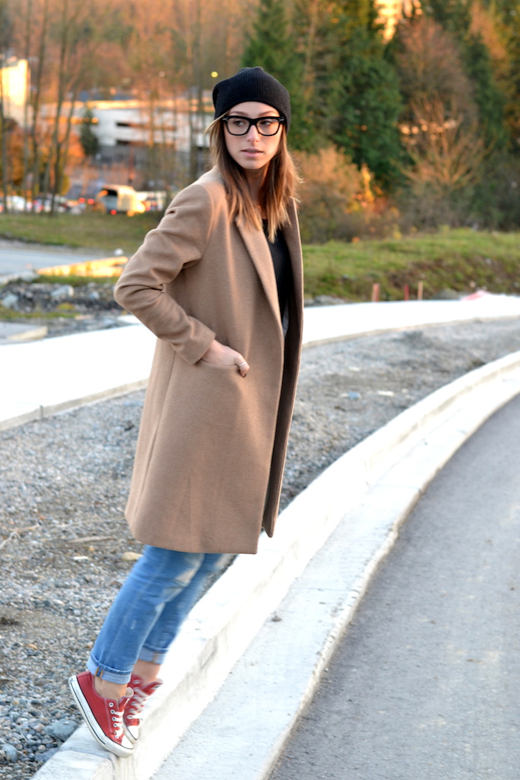 camel coat, fall fashion must have, black beanie, red converse, distressed denim, celine glasses, casual weekend outfit4