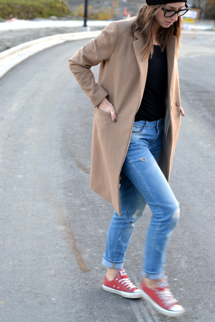 camel coat, fall fashion must have, black beanie, red converse, distressed denim, celine glasses, casual weekend outfit6
