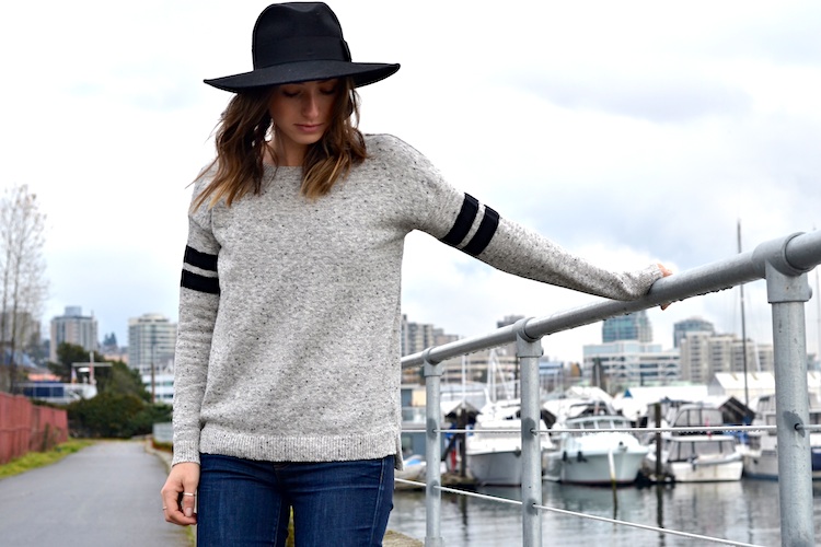 forever 21 over the knee black boots, sport chic sweater, asos hat, j brand skinny jeans, french chic casual outfit, waterfront scenery1