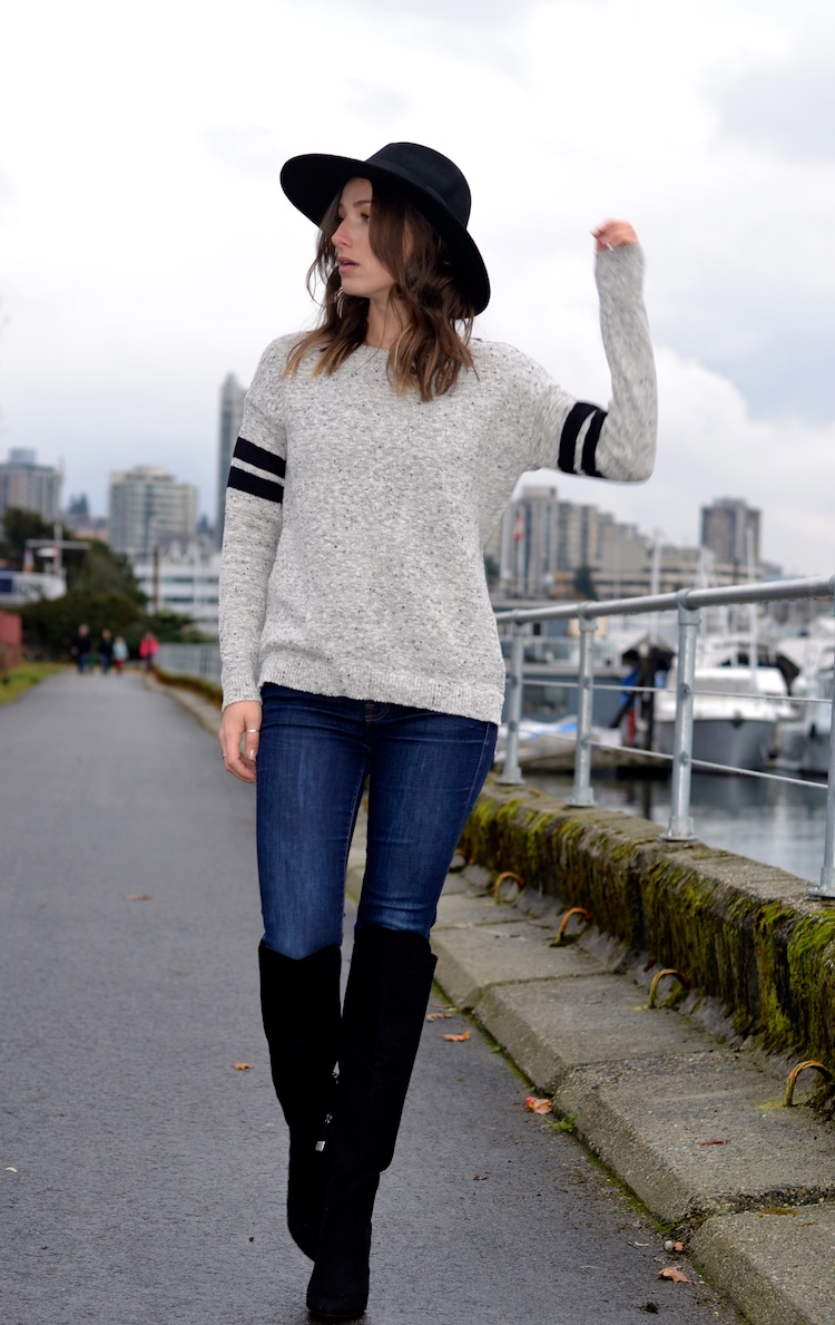 forever 21 over the knee black boots, sport chic sweater, asos hat, j brand skinny jeans, french chic casual outfit, waterfront scenery5