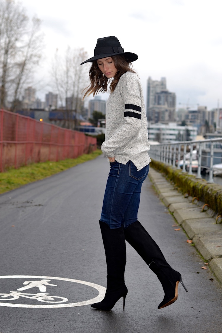 forever 21 over the knee black boots, sport chic sweater, asos hat, j brand skinny jeans, french chic casual outfit, waterfront scenery7