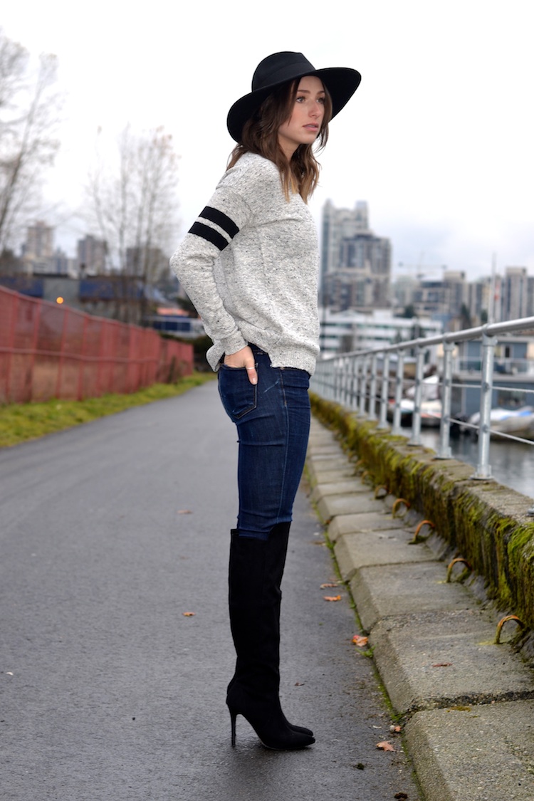 forever 21 over the knee black boots, sport chic sweater, asos hat, j brand skinny jeans, french chic casual outfit, waterfront scenery8
