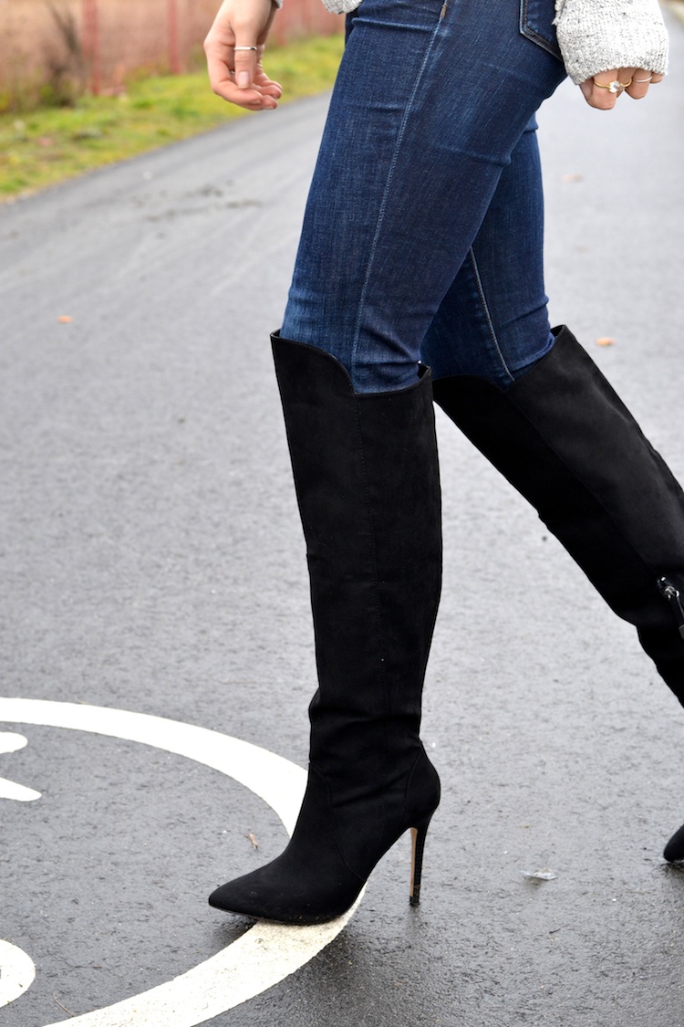 forever 21 over the knee black boots, sport chic sweater, asos hat, j brand skinny jeans, french chic casual outfit, waterfront scenery9