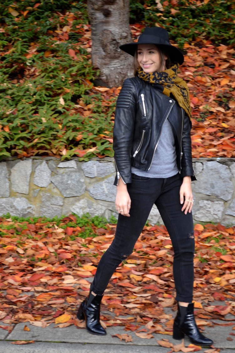 hm leather jacket, rag and bone ripped jeans, booties, felt fedora, leopard scarf, everyday unifrom7