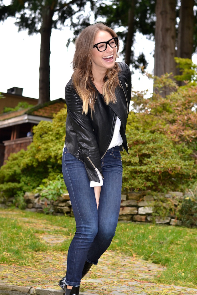 leather jacket hm, j brand jeans, v neck blouse, zara patent booties, casual chic outfit, everyday, celine glasses