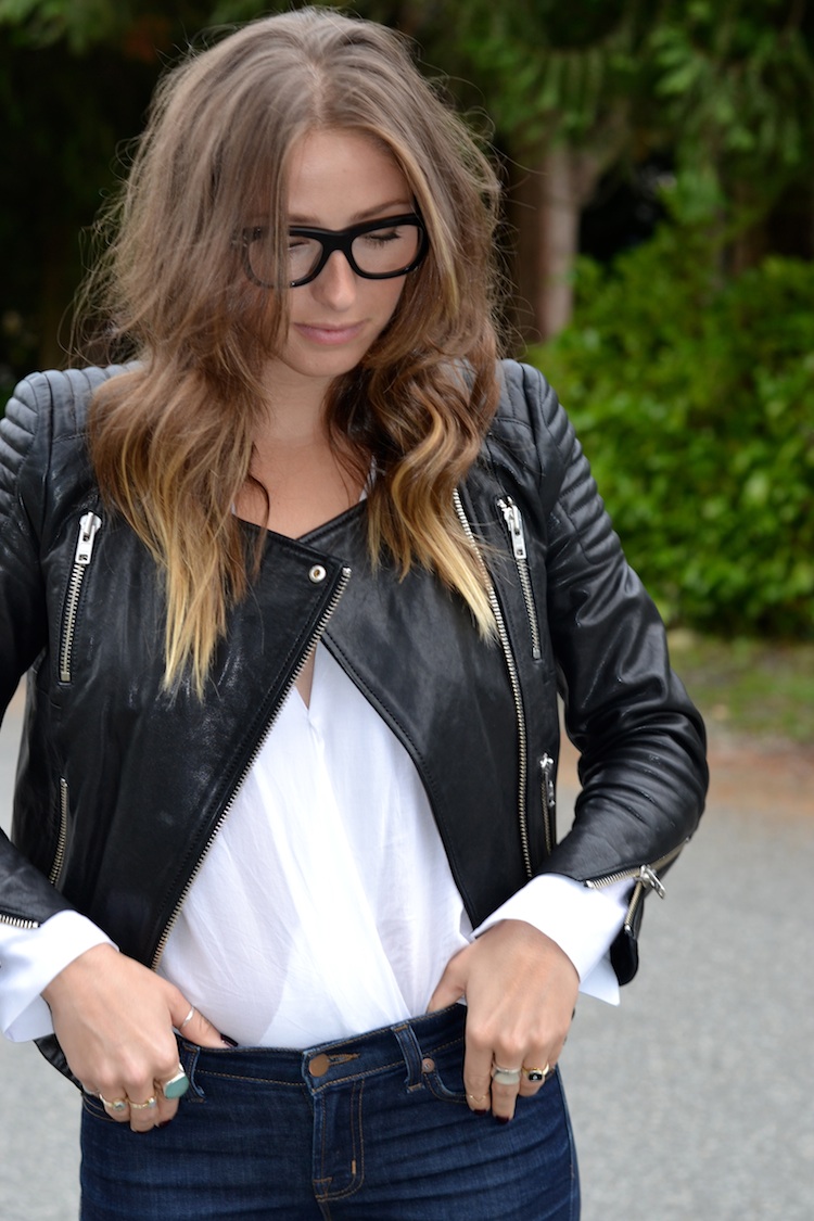 leather jacket hm, j brand jeans, v neck blouse, zara patent booties, casual chic outfit, everyday, celine glasses1