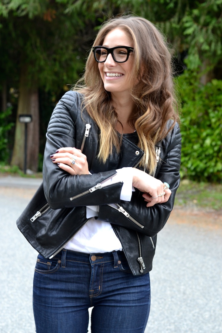 leather jacket hm, j brand jeans, v neck blouse, zara patent booties, casual chic outfit, everyday, celine glasses4