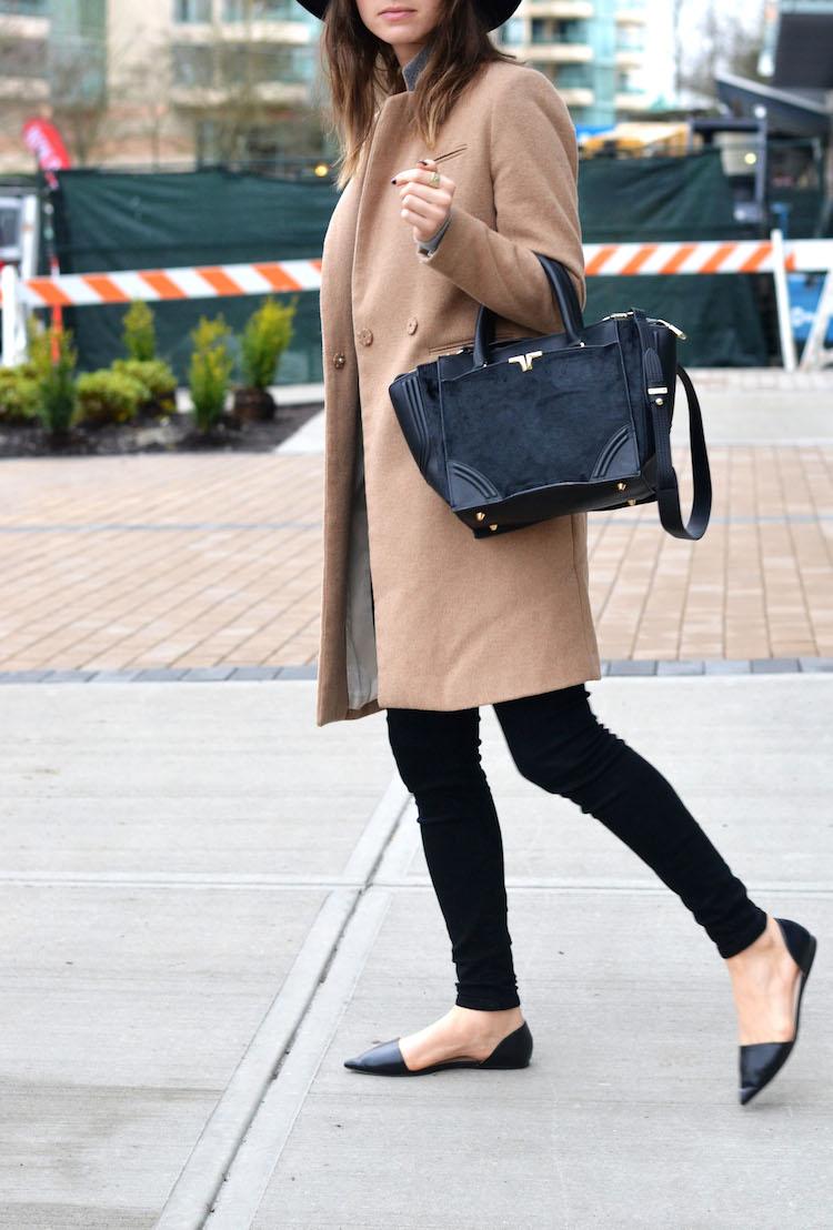 casual chic everyday outfit, asos wool hat, camel coat, fall winter musthave, joe fresh cashmere sweater, zara new bag, dorsay flats