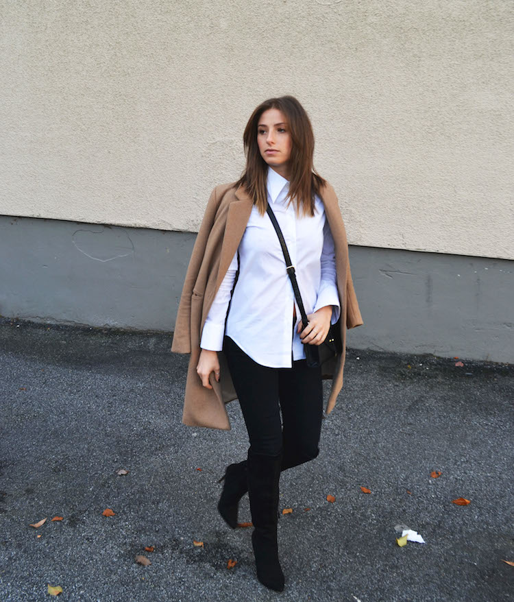 fall must have camel coat, over the knee boots, forever 21, classic white blouse, crossbody bag, dinner outfit, what to wear