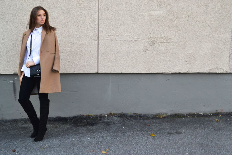 fall must have camel coat, over the knee boots, forever 21, classic white blouse, crossbody bag, dinner outfit, what to wear1