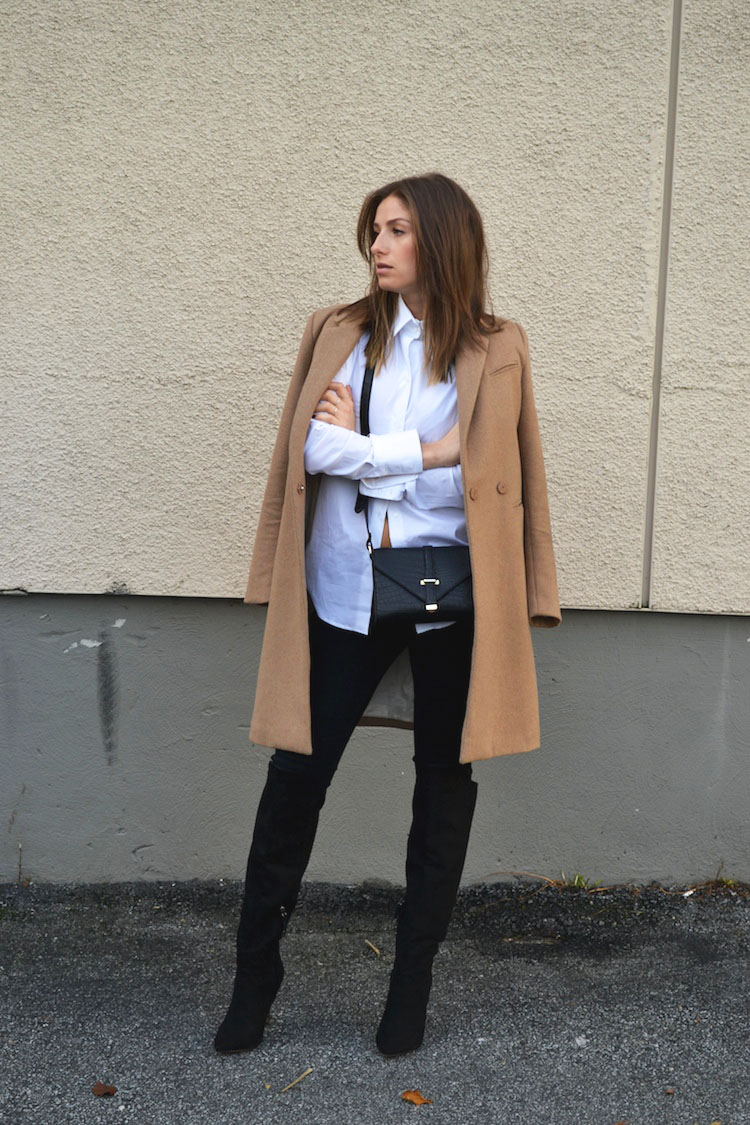 fall must have camel coat, over the knee boots, forever 21, classic white blouse, crossbody bag, dinner outfit, what to wear2