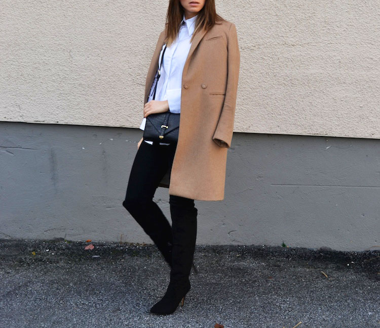 fall must have camel coat, over the knee boots, forever 21, classic white blouse, crossbody bag, dinner outfit, what to wear3