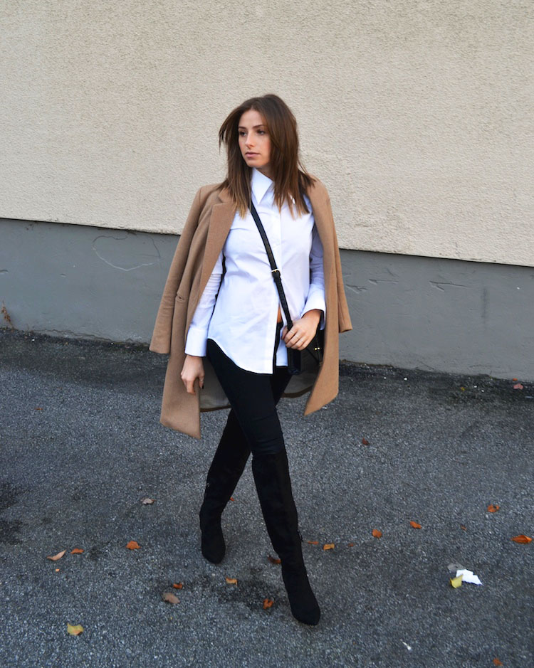 fall must have camel coat, over the knee boots, forever 21, classic white blouse, crossbody bag, dinner outfit, what to wear6
