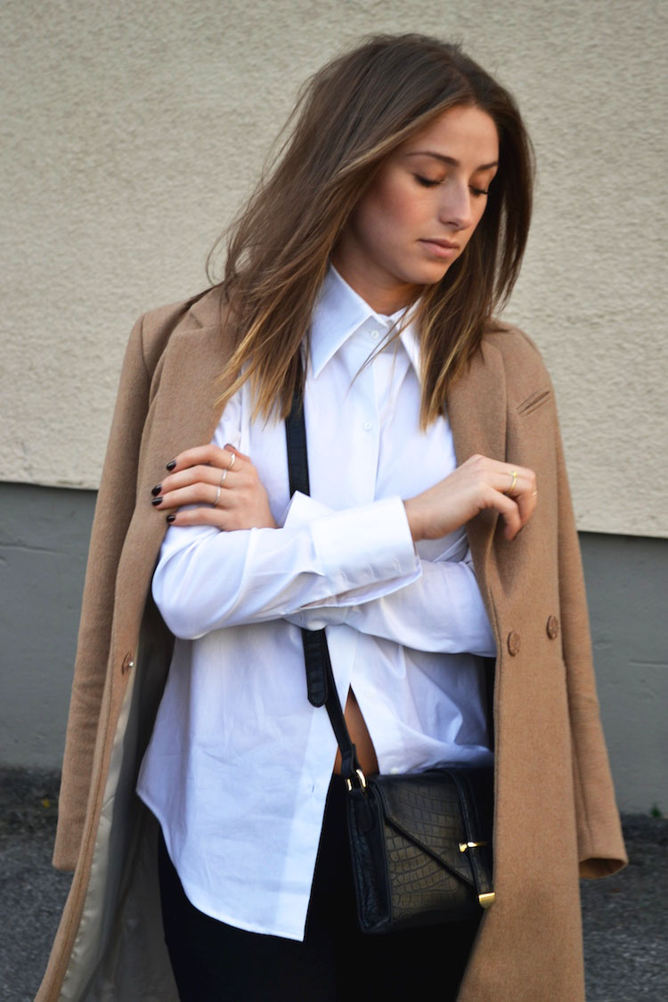 fall must have camel coat, over the knee boots, forever 21, classic white blouse, crossbody bag, dinner outfit, what to wear7