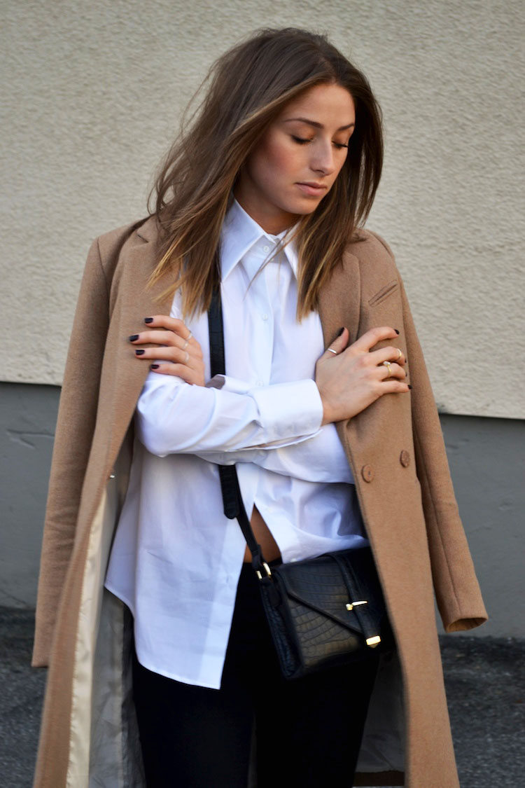 fall must have camel coat, over the knee boots, forever 21, classic white blouse, crossbody bag, dinner outfit, what to wear8