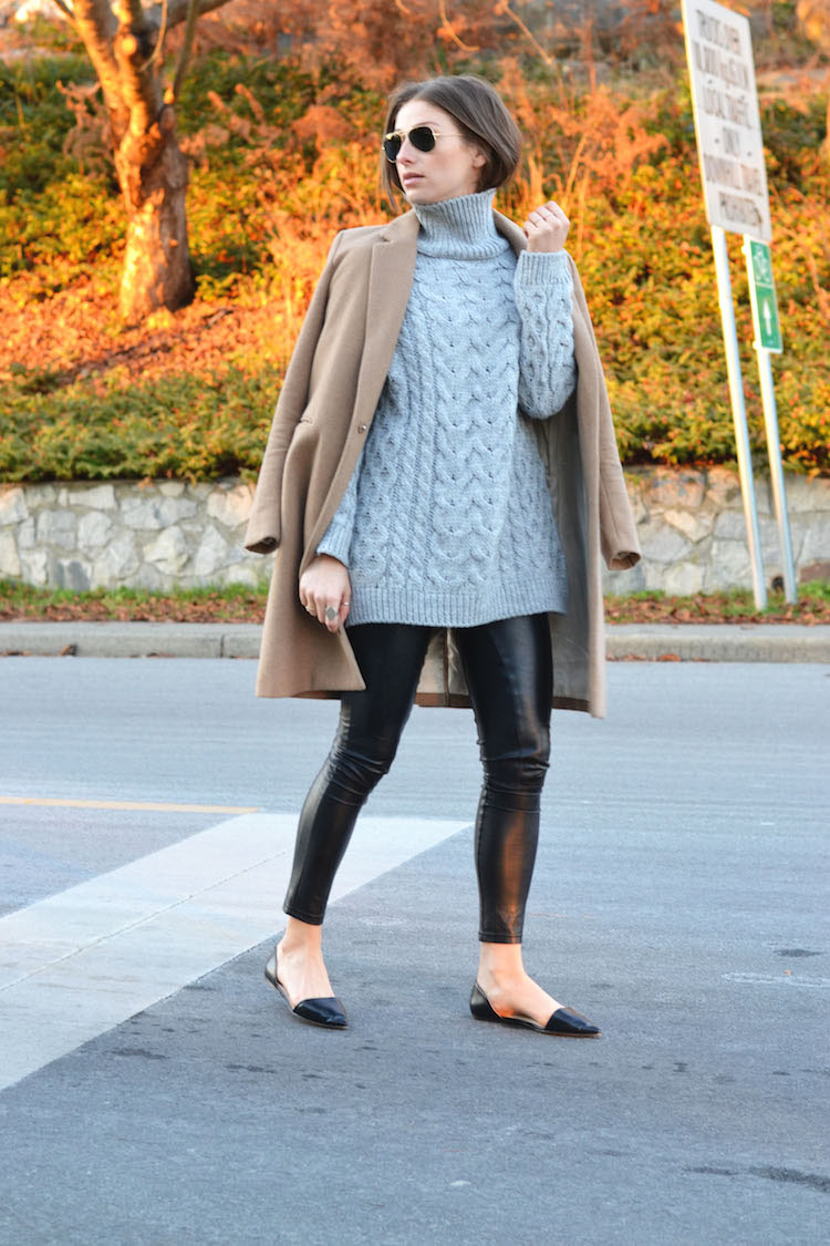 grey turtleneck trend, camel coat, fall must haves, zara, hm, leather pants, dorsay flats, casual cool, winter outfit2