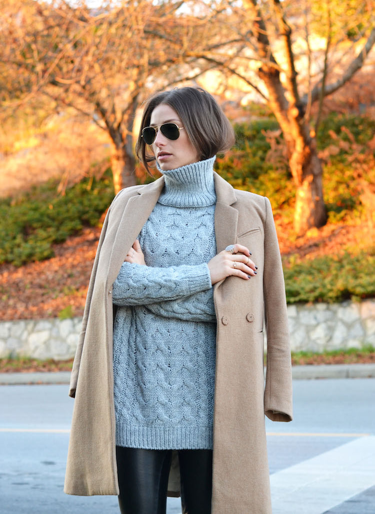 grey turtleneck trend, camel coat, fall must haves, zara, hm, leather pants, dorsay flats, casual cool, winter outfit5