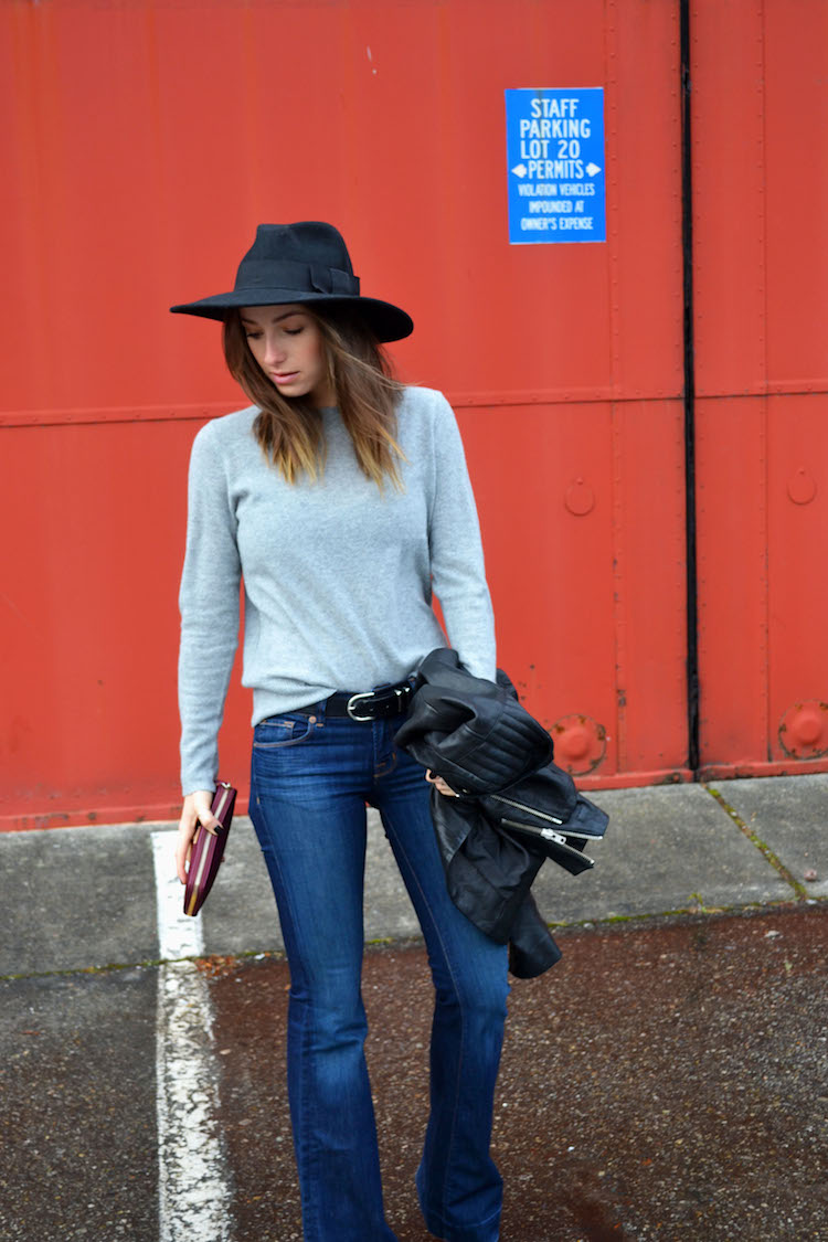 joe fresh cashmere sweater, grey, j brand lovestory flare jeans, 70s inspired, felt fedora, american hustler movie giveaway1