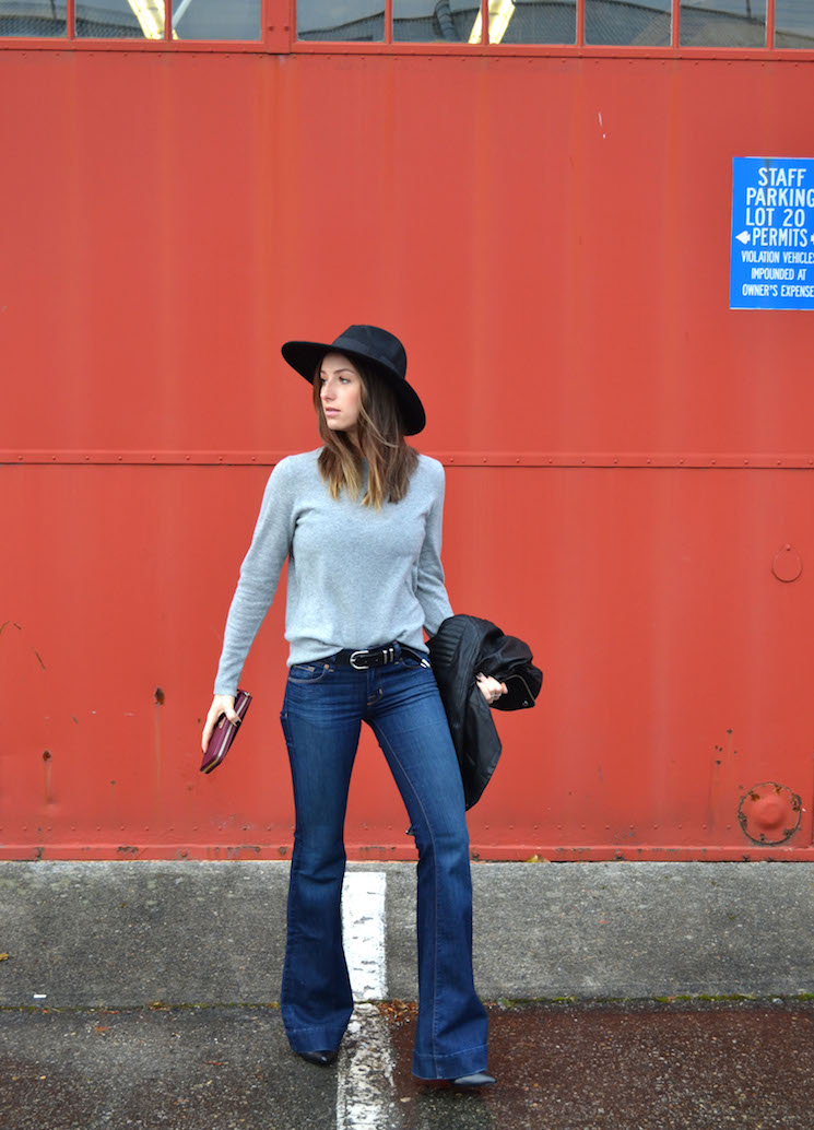 joe fresh cashmere sweater, grey, j brand lovestory flare jeans, 70s inspired, felt fedora, cashmere giveaway, #joefreshstylechallenge