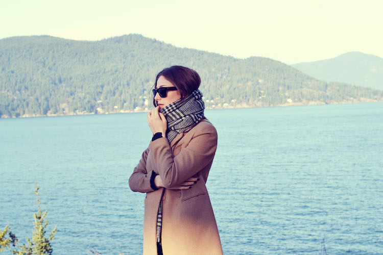 warm winter outfit, zara plaid scarf, camel fall must have coat, fall trend, aritzia leather leggings, topshop boots, celine sunglasses