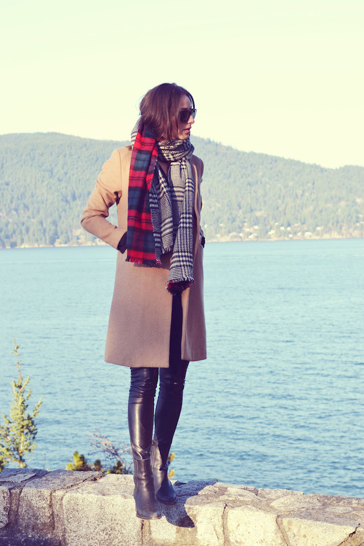 warm winter outfit, zara plaid scarf, camel fall must have coat, fall trend, aritzia leather leggings, topshop boots, celine sunglasses3