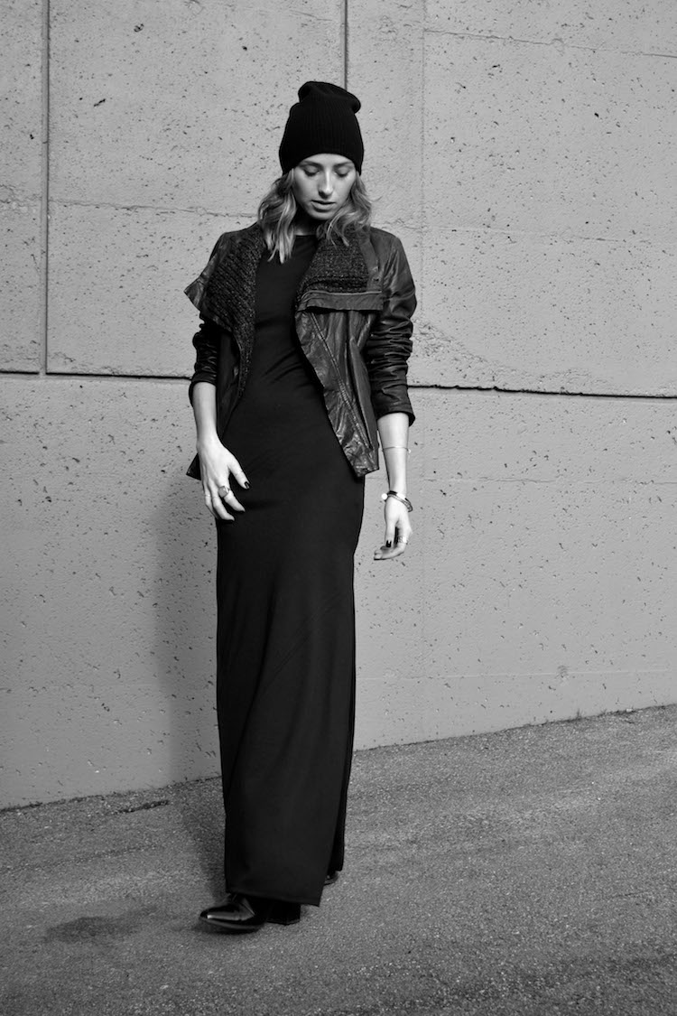 all black everyday outfit, the august diaries, top style and fashion blog, vancouver, forever 21 maxi dress, beanie, touque, boots, line leather jacket, zara patent leather booties2