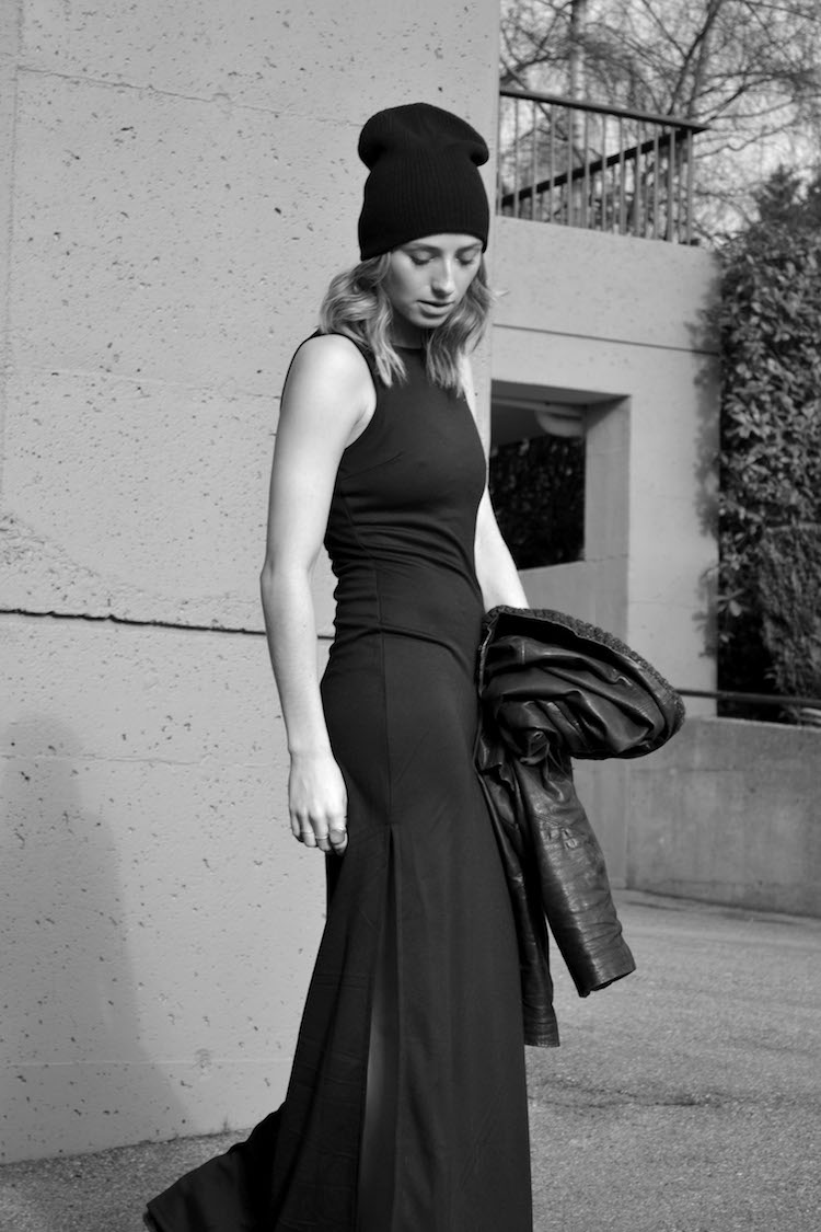 all black everyday outfit, the august diaries, top style and fashion blog, vancouver, forever 21 maxi dress, beanie, touque, boots, line leather jacket, zara patent leather booties3