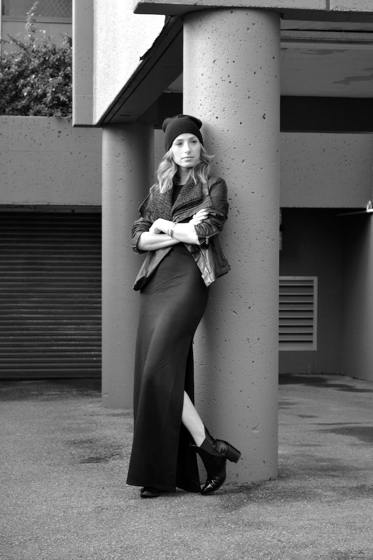 all black everyday outfit, the august diaries, top style and fashion blog, vancouver, forever 21 maxi dress, beanie, touque, boots, line leather jacket, zara patent leather booties5