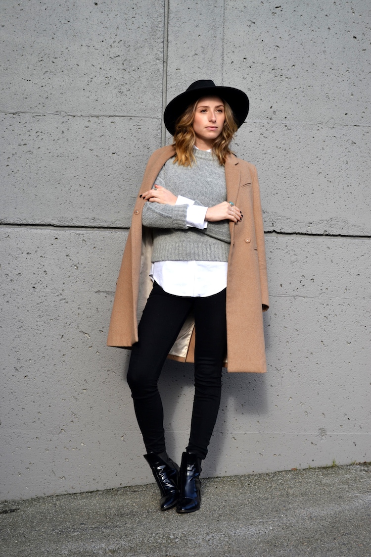 grey sweater, white zara blouse, camel coat, winter must have, fedora hat, black jeans, top vancouver fashion and style blog, ombre hair, booties